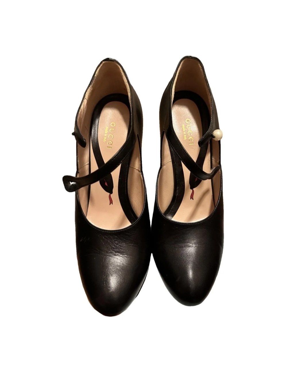 Gucci Black Leather Mary Jane Pumps with Pearl Strap Accent